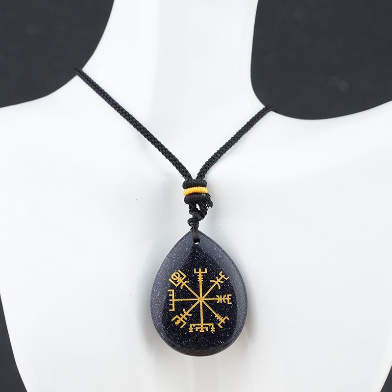 Colar de runa viking de pedra natural de venda quente em forma de gota de água retro pedra natural com letras jateadas de areia pingente de runa