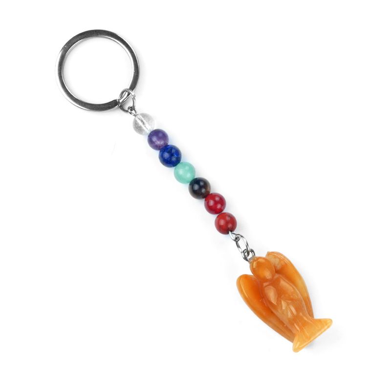 1715-Chaveiro de Anjo Chakra, Chaveiro de Anjo Gravado em Pedra Semi-Preciosa Natural, Pingente de Anjo da Guarda