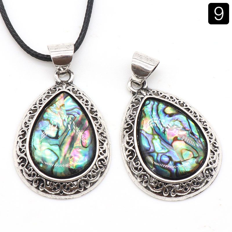 1185-Pingente de gota de água de pedra semipreciosa de ágata de cristal, liga incrustada, colar de concha de abalone lápis-lazúli