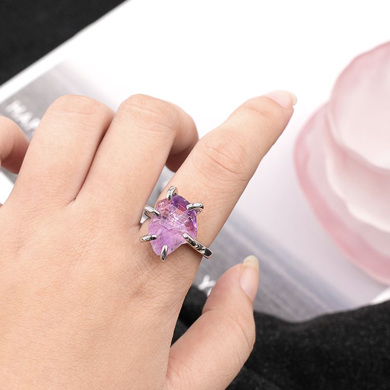 2342-Novo Anel de Ametista Natural Vintage Pedra De Cristal Áspera Suporte De Cobre De Seis Garras Anel Aberto