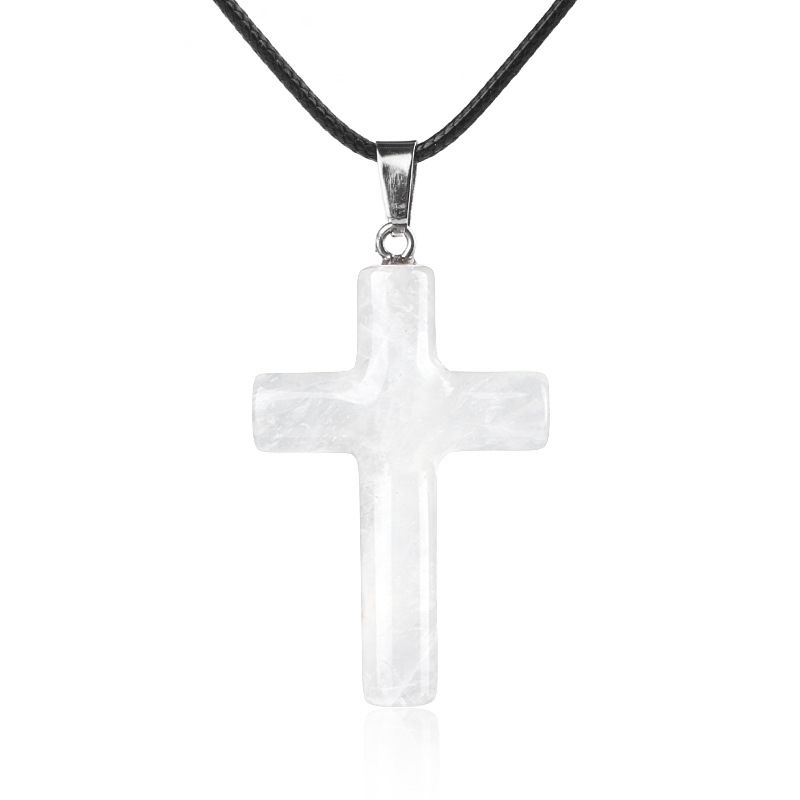 1488 Colar de cruz de cristal natural de 40 mm de venda quente elegante versátil grande pingente de cruz de ágata redonda