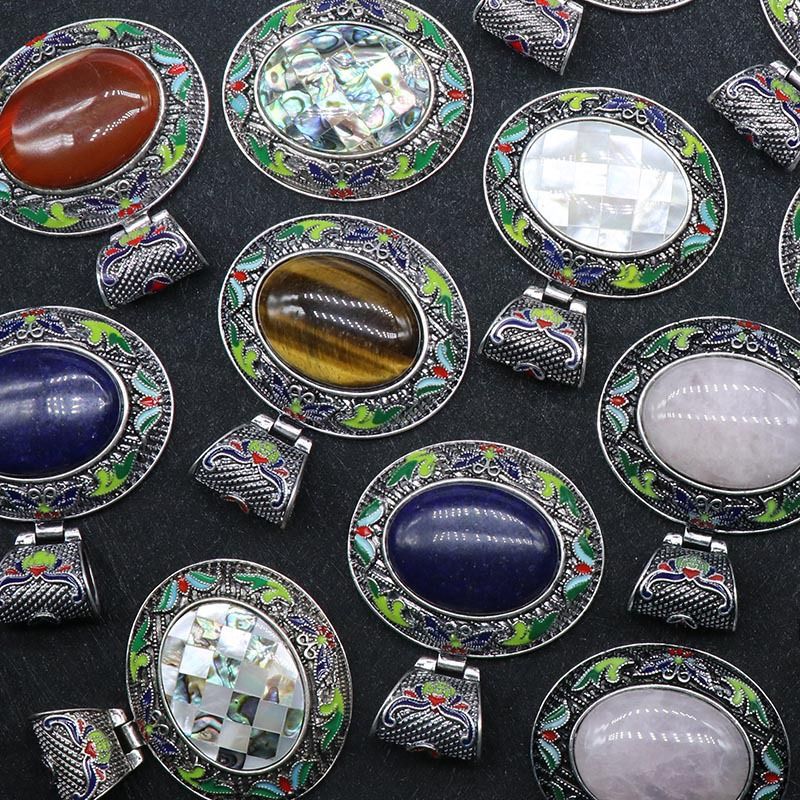 Cristal ágata liga de pedra semipreciosa oval incrustada pingente de pedra preciosa artesanato em óleo, colar exagerado