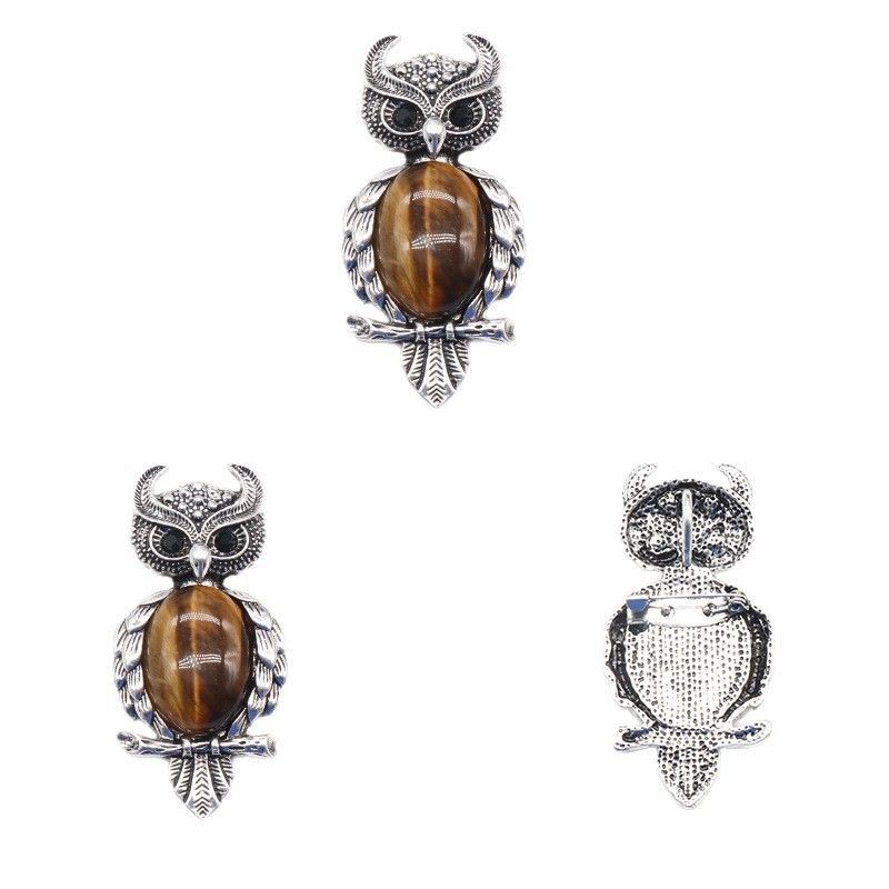 1208-Coruja gem Broche de Cristal Natural Coruja Broche, Alloy Set Pingente de Pedra Preciosa Pin