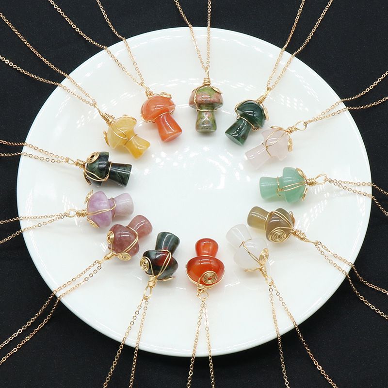1507-Pedra de cristal natural 20mm pequeno cogumelo enrolamento pingente DIY pingente