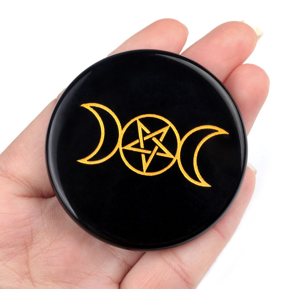 1771-Obsidiana 55mm gravura redonda e plana Árvore da Vida Estrela Lua Esteira de Pedra Enfeite de artesanato DIY