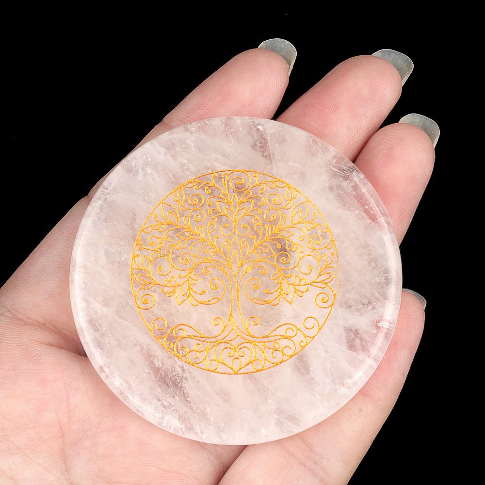 1921-Cristal branco 55mm redondo plano gravura árvore da vida estrelas lua pedra almofada enfeite de artesanato DIY