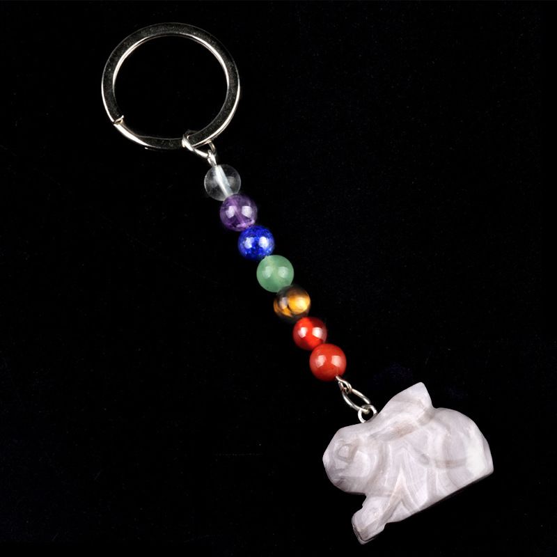 2011-Chaveiro de coelho de pedra de cristal colorido, pingente de jóias de chakra, pingente de chaveiro de animal pequeno.