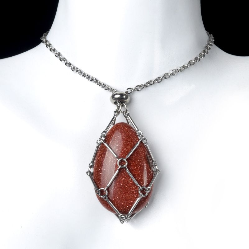 1720-Corrente de mão de aço inoxidável tecido malha colar de bolso de pedra de ágata cristal pingente de gota de água pode ser substituído por pedra bruta