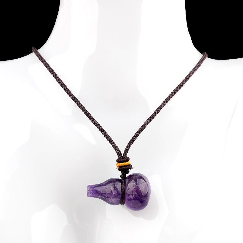 Colar de corda de cabaça de cristal natural roxo rosa e branco esculpido à mão pingente de pedra semipreciosa