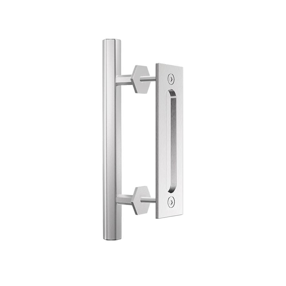 10 in. Black Hexagon Pull and Flush Sliding Barn Door Handle Set