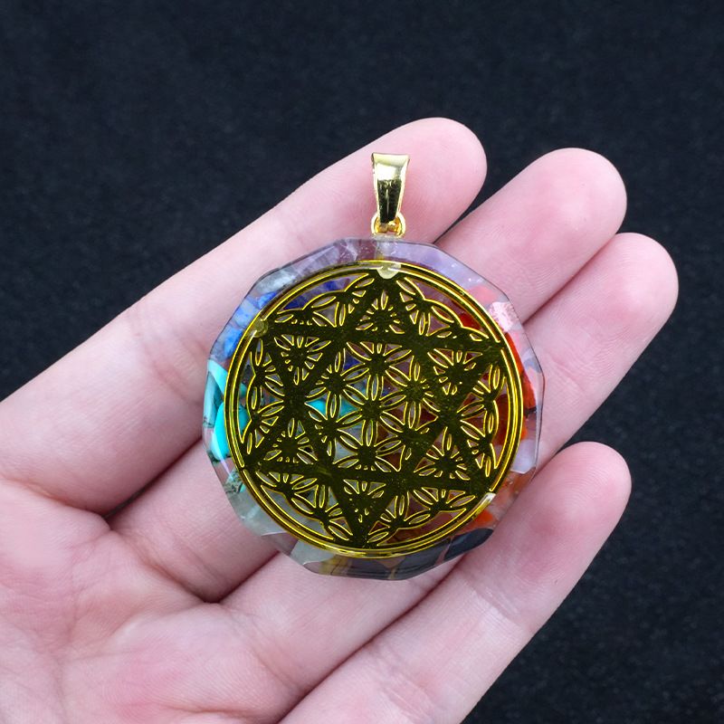 2324-Colar de pedra colorida hexagonal, pingente de pedra natural envolto em cola de resina