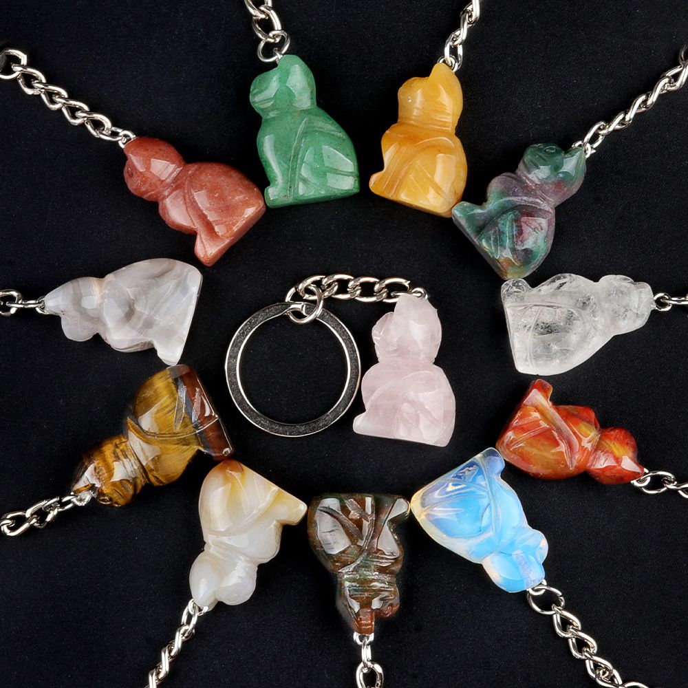 1943-Gravado gatinho chaveiro, pedra de cristal gravado animal pingente chaveiro