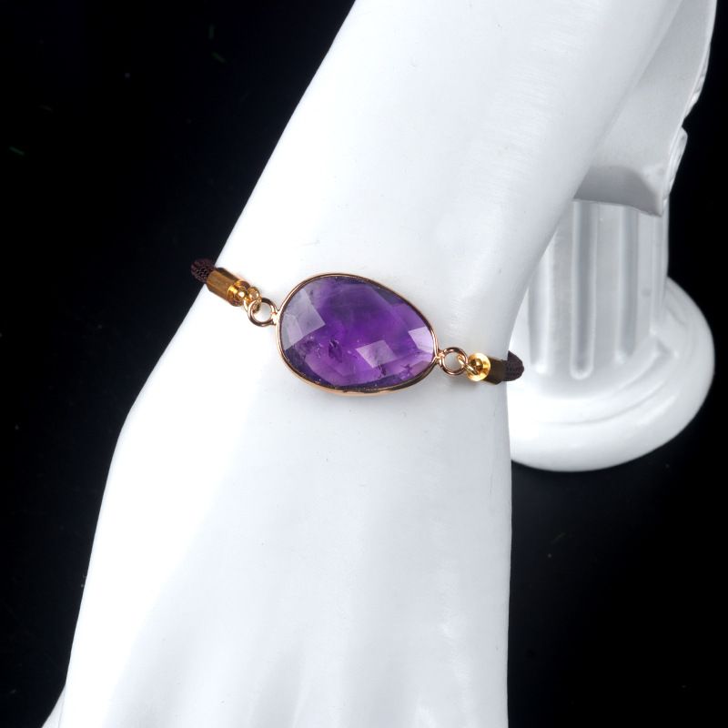 1711-Pulseira de bainha irregular com corte de ametista natural Corda de mão ajustável para casais masculinos e femininos
