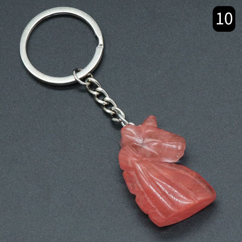 Chaveiro de unicórnio de pedra de cristal natural unicórnio, pingente de saco de animal gravado em pedra.