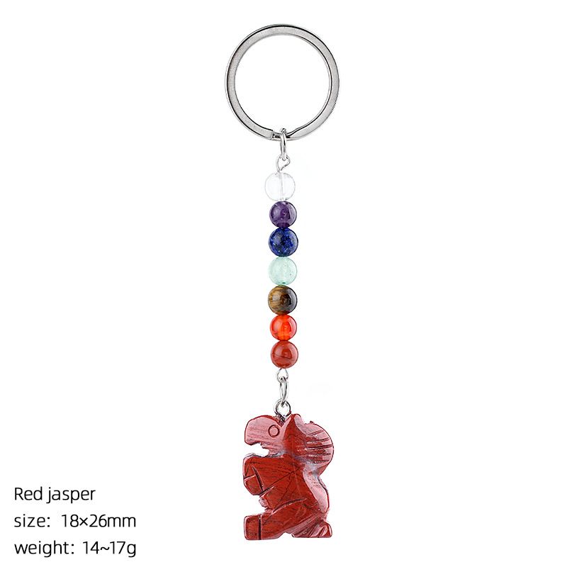 Chaveiro de pônei de jade natural, acessórios de chakra de contas redondas coloridas, pingente de pônei de ágata de cristal gravado.