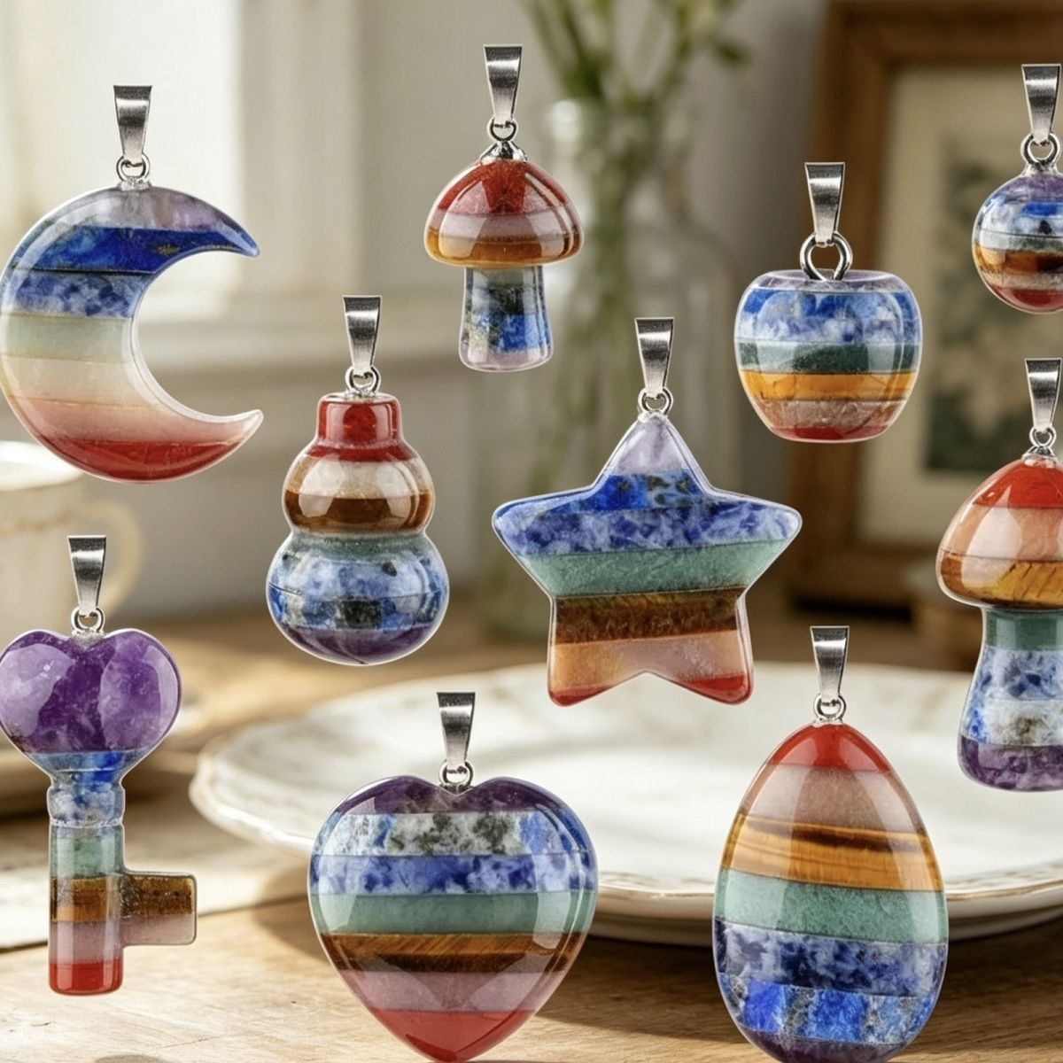 Pingente de cristal de emenda de pedra colorida ioga meditação chakra ágata jade emenda colar
