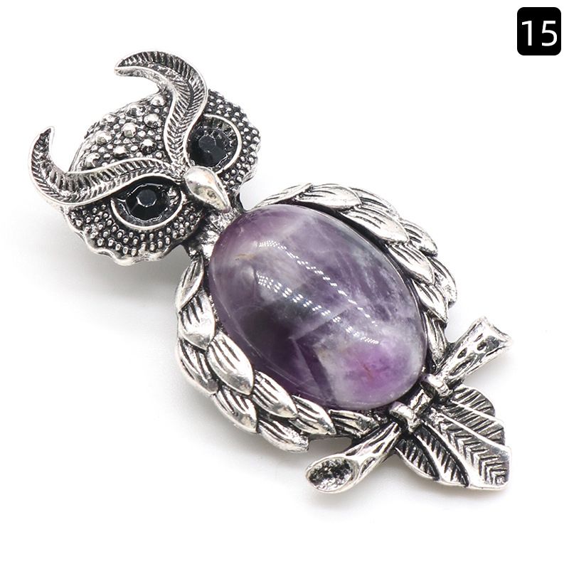 1208-Coruja gem Broche de Cristal Natural Coruja Broche, Alloy Set Pingente de Pedra Preciosa Pin