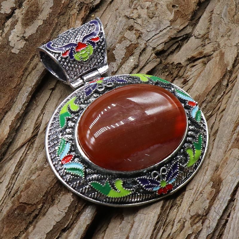 Cristal ágata liga de pedra semipreciosa oval incrustada pingente de pedra preciosa artesanato em óleo, colar exagerado