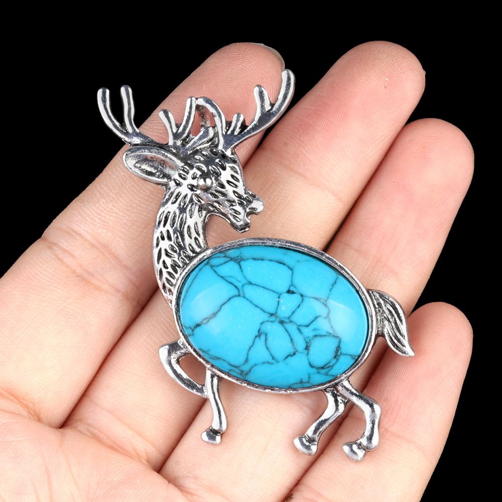 1934-Pingente de broche de alce de pedra semipreciosa incrustada em liga de cristal natural Alfinete de moda europeu e americano
