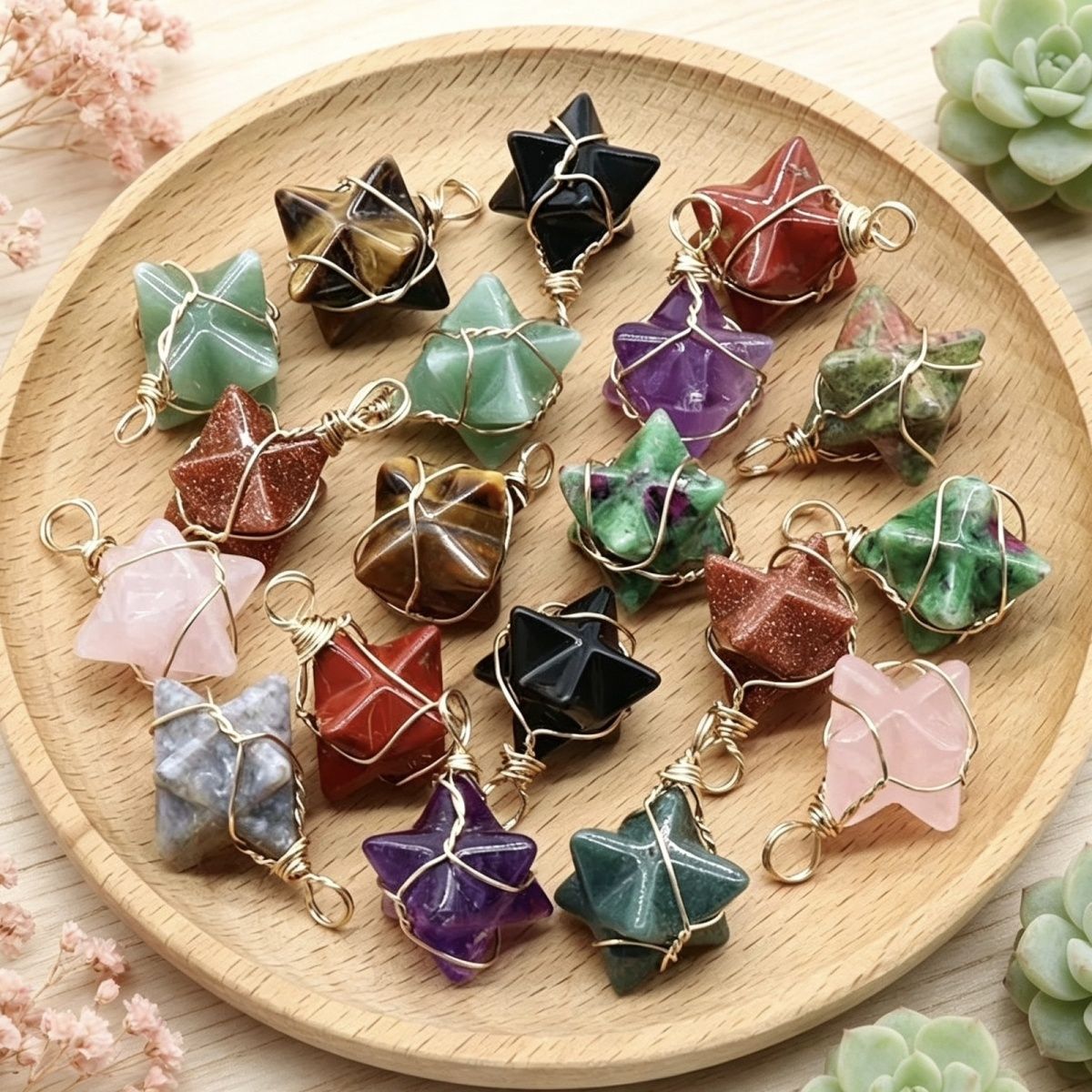 1511-Merkaba Pingente de fio de estrela de cristal natural de ágata Pingente de hexagrama de pedra Merkaba