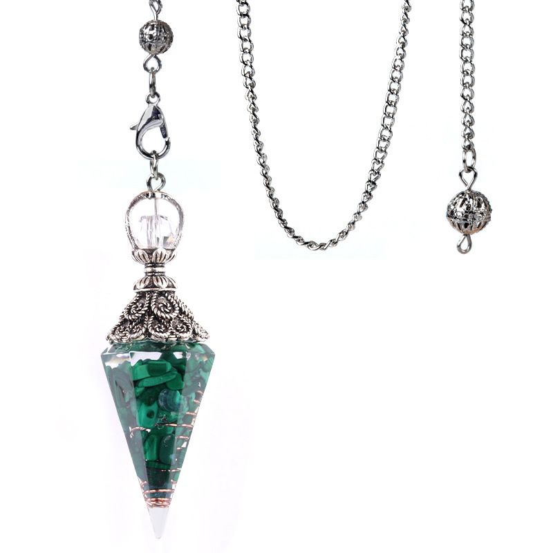 1924-Pêndulo de resina de cascalho colorido de cristal de prata antigo, pingente de cone hexagonal, transfronteiriço