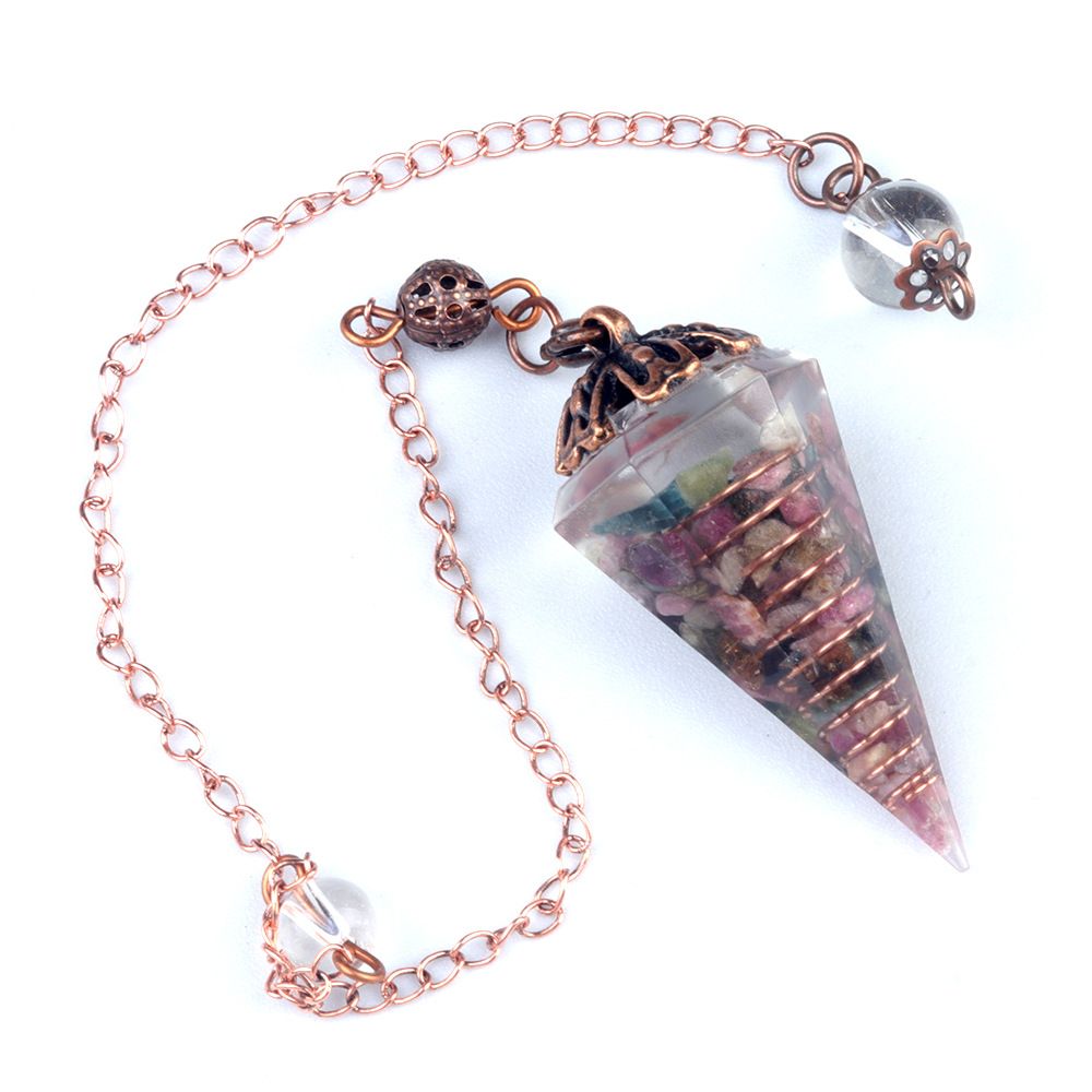 1697-Pêndulo de cristal colorido pêndulo de bandeja de flor de cobre vermelho antigo, pêndulo de cone hexagonal de resina de cascalho natural