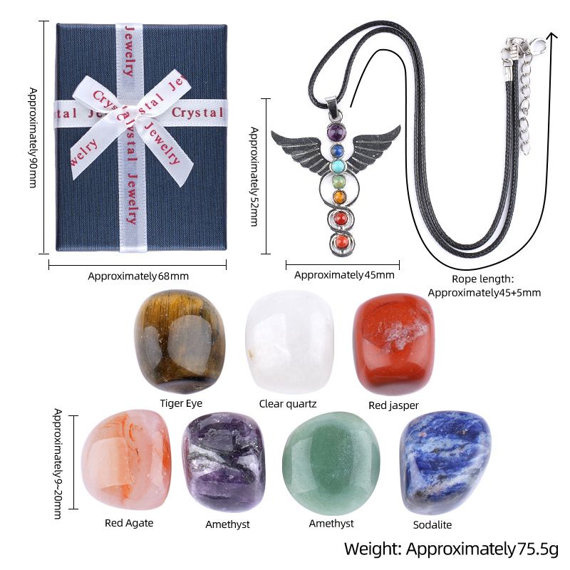 2409 Conjunto de combinação de ágata de pedra semipreciosa de cristal colorido, pedra rolante de ponta dupla, chakra de meditação de ioga de sete veias, caixa de presente correspondente.