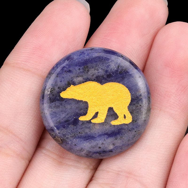 2199-Pedra de ágata de cristal natural gravada urso disco de 25mm pedra semipreciosa gravada padrão animal decoração criativa