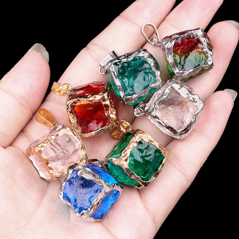 2012-Imitação de cristal de pedra áspera quadrado galvanoplastia pingente de cor, colar de cubo de açúcar de cristal artificial pingente de jóias DIY