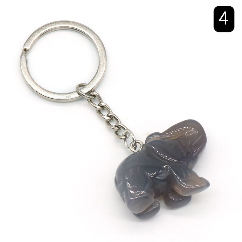Pingente de chaveiro de elefante com cabeça de ágata de cristal natural, pingente de bolsa de elefante gravada tridimensional.