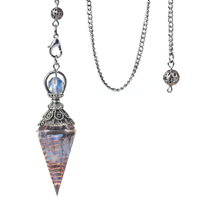 1924-Pêndulo de resina de cascalho colorido de cristal de prata antigo, pingente de cone hexagonal, transfronteiriço
