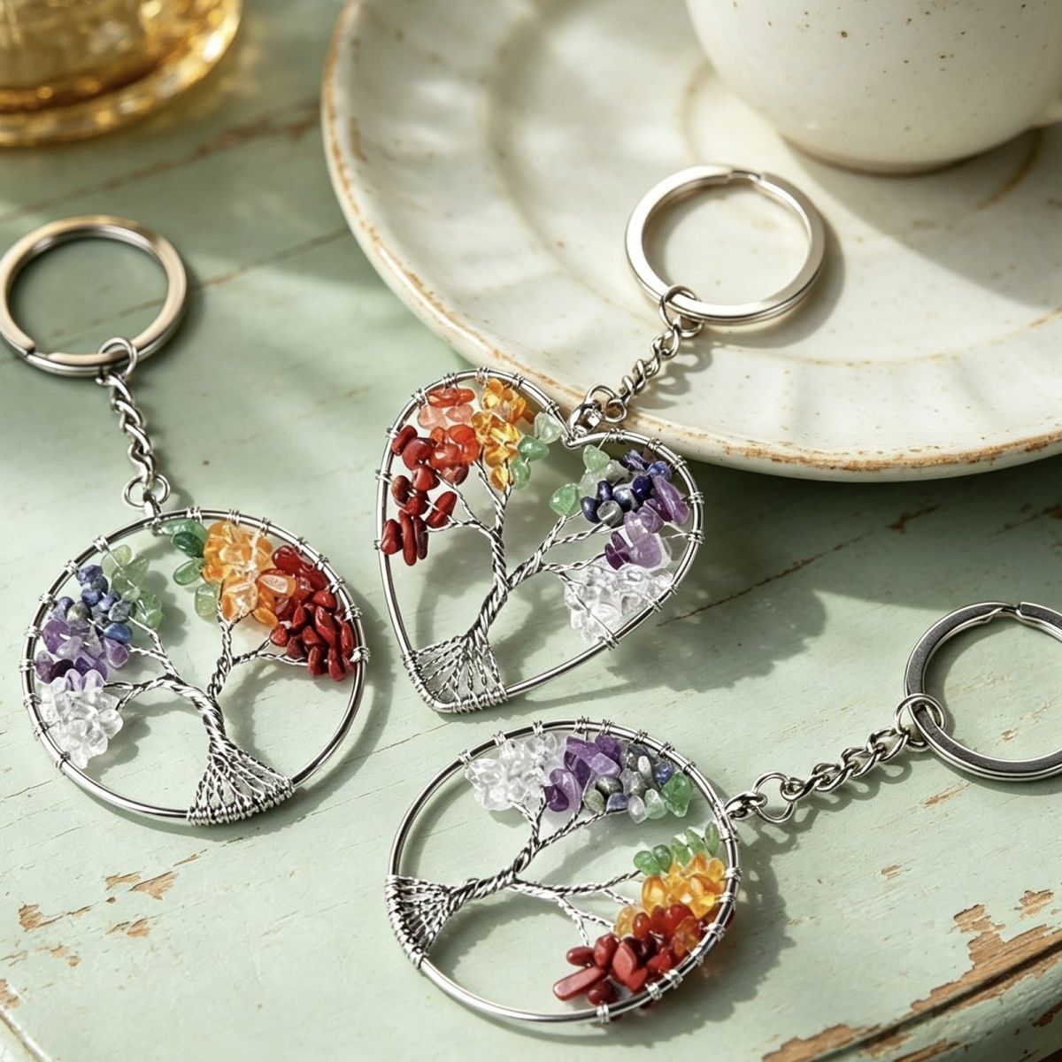 1707 - Sete Cores Cristal Pedra Triturada Árvore da Vida Chaveiro Chakra Yoga Joia Pingente Árvore do Dinheiro
