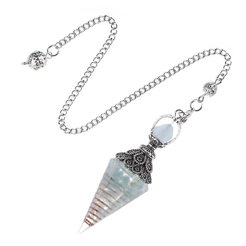 Pêndulo de cristal natural Pêndulo de resina de cone hexagonal de prata antiga envolto em epóxi