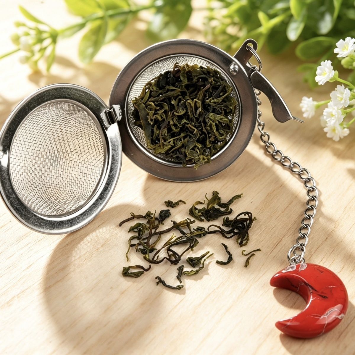 1789-Moon Tea Filter, Natural Crystal Agate Stone 304 Stainless Steel Tea Filter Sopa Hot Pot