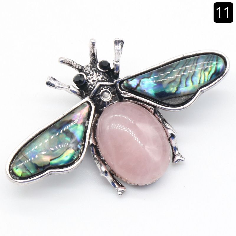 1209-Abelha semipreciosa de ágata de cristal, pingente de pedra preciosa de concha de abalone incrustada em liga, colar de broche