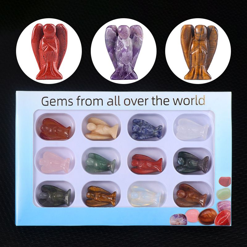Cristal natural ágata pedra anjo escultura 12PCS caixa de cor Nórdico mini 1in anjo tigre olho pedra ornamento estátua