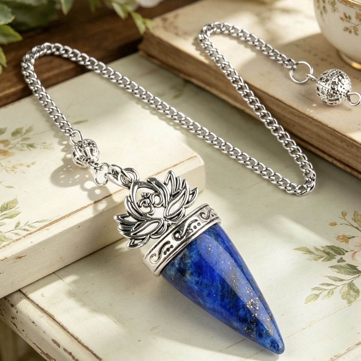 O mesmo pêndulo de pedra de cristal natural, o novo pêndulo de pedra de ioga de meditação cônica de lótus prateado antigo.