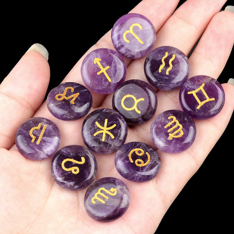 1987-Crystal Stone Doze Constellation Bag 12 Constellation Rune Reiki Stone Presente de Natal, Transfronteiriço
