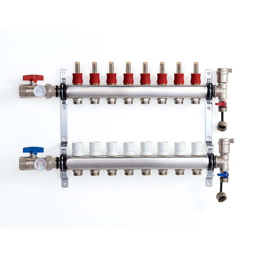 1 in. NPT Inlet x 1/2 in.  Stainless Steel Compression Connection 8-Outlet Radiant Heating Manifold