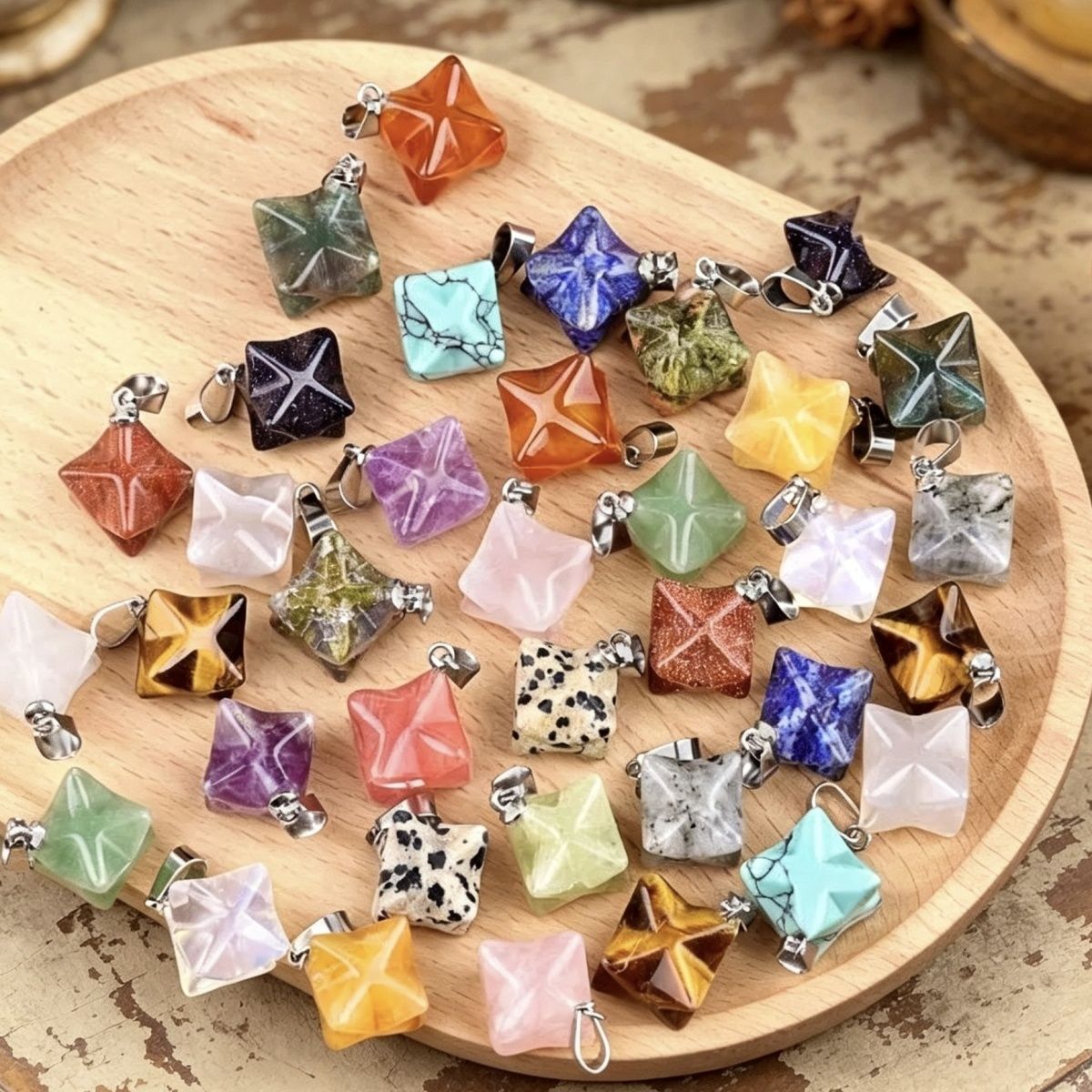 1592-Merkaba pedra de ágata de cristal natural Kaba grande pingente de satélite, pingente de forma geométrica hexagrama