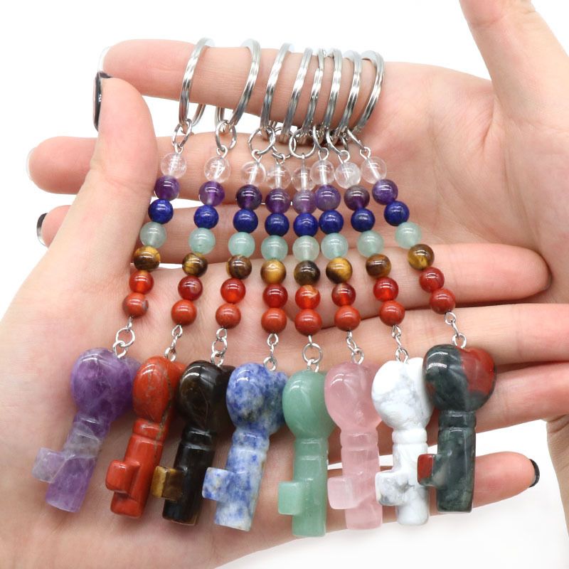 1484-Pedra de cristal natural amor forma chave chaveiro forma de coração pingente chave DIY pingente criativo
