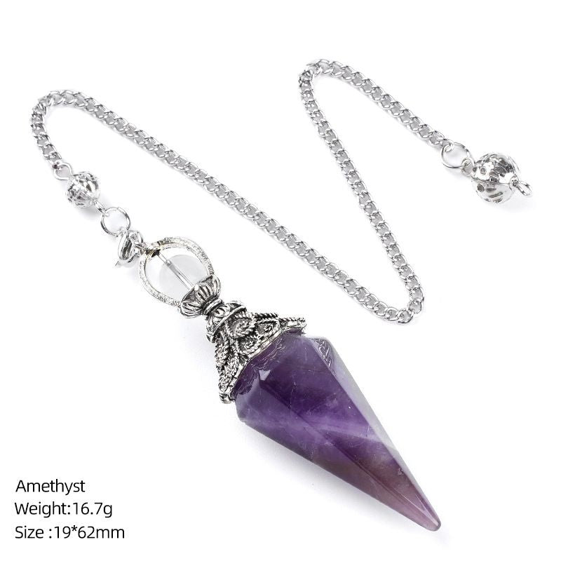 1412 Pingente de pêndulo de cristal natural Receptáculo de prata antiga Yoga Meditação Hexagonal Cone Frequência ajustável Pêndulo de pedra natural