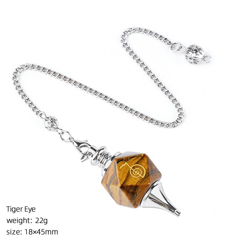 Pingente de pêndulo de cristal natural Gravura geométrica Runa Yoga Meditação Freqüência ajustável Pêndulo de pedra natural