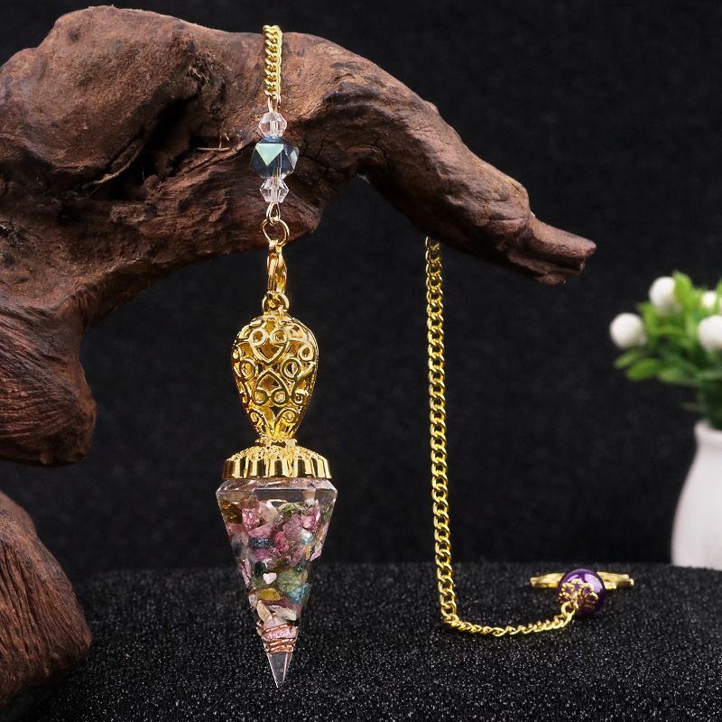 Jóias Pêndulo De Ouro Cristal Natural Ágata Resina De Pedra Semi-preciosa Pingente De Cone Hexagonal