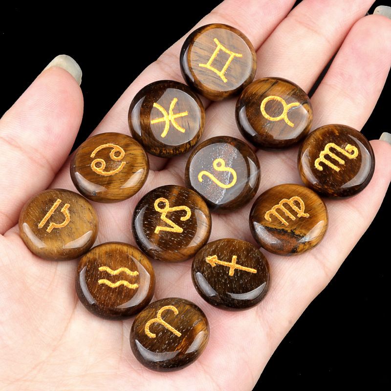1987-Crystal Stone Doze Constellation Bag 12 Constellation Rune Reiki Stone Presente de Natal, Transfronteiriço