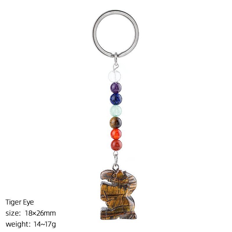 Chaveiro de pônei de jade natural, acessórios de chakra de contas redondas coloridas, pingente de pônei de ágata de cristal gravado.