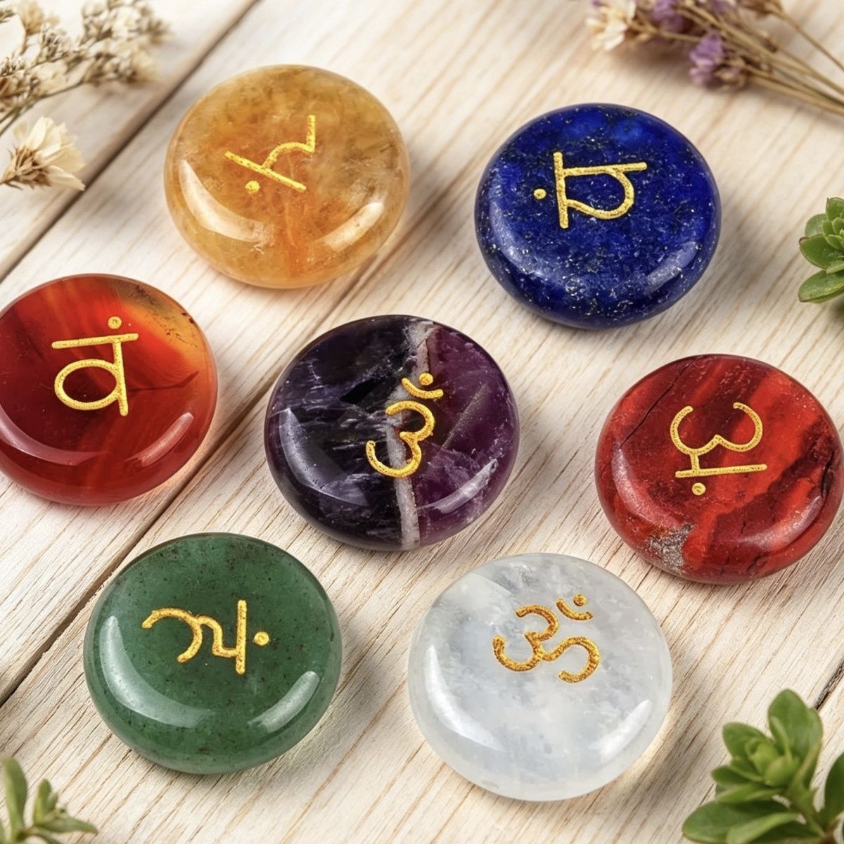 1783-Sete chakras cristal de ágata natural 20mm redondo sete veias símbolo de ioga 7 peças