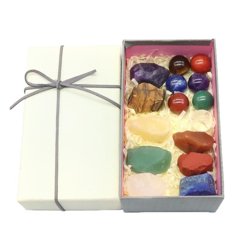 Caixa de presente de pedra de cristal de pedra colorida Chakela, conjunto de pedra áspera de bola redonda, conjunto de presente de Natal Chakela.
