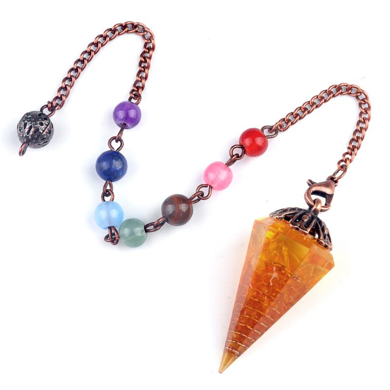 1972-Resina de cascalho de cristal natural pingente de pingente de bandeja de flor de cone hexagonal, chakra colorido pérola yoga jóias