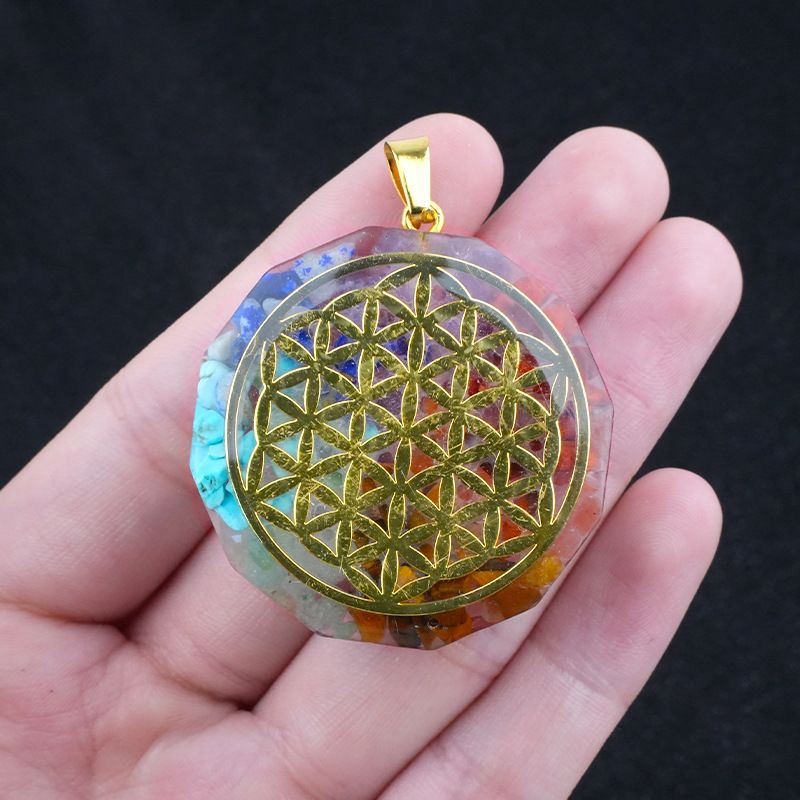 2324-Colar de pedra colorida hexagonal, pingente de pedra natural envolto em cola de resina